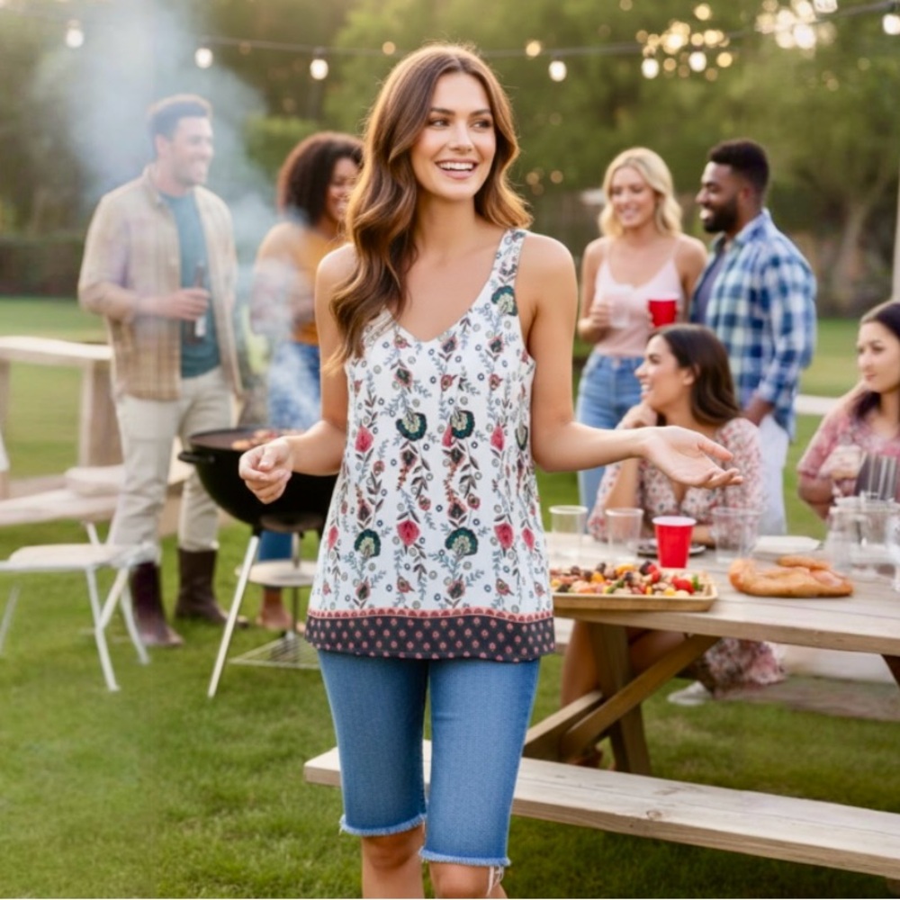 LOFT White Floral Border V-Neck Tank